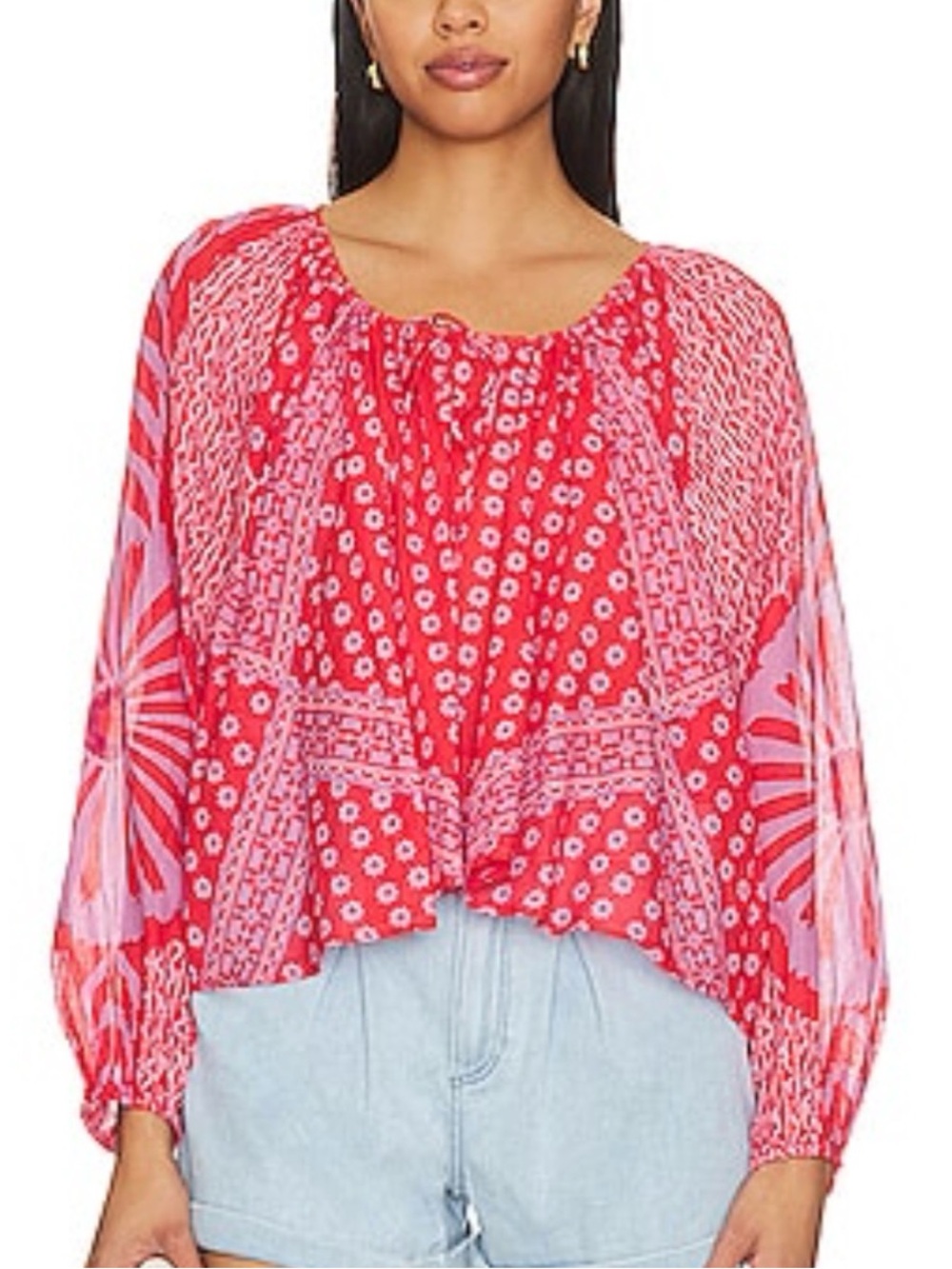 FREE PEOPLE Elena Boho Peasant  Blouson Sleeve Top in Fiery Red Combo Large